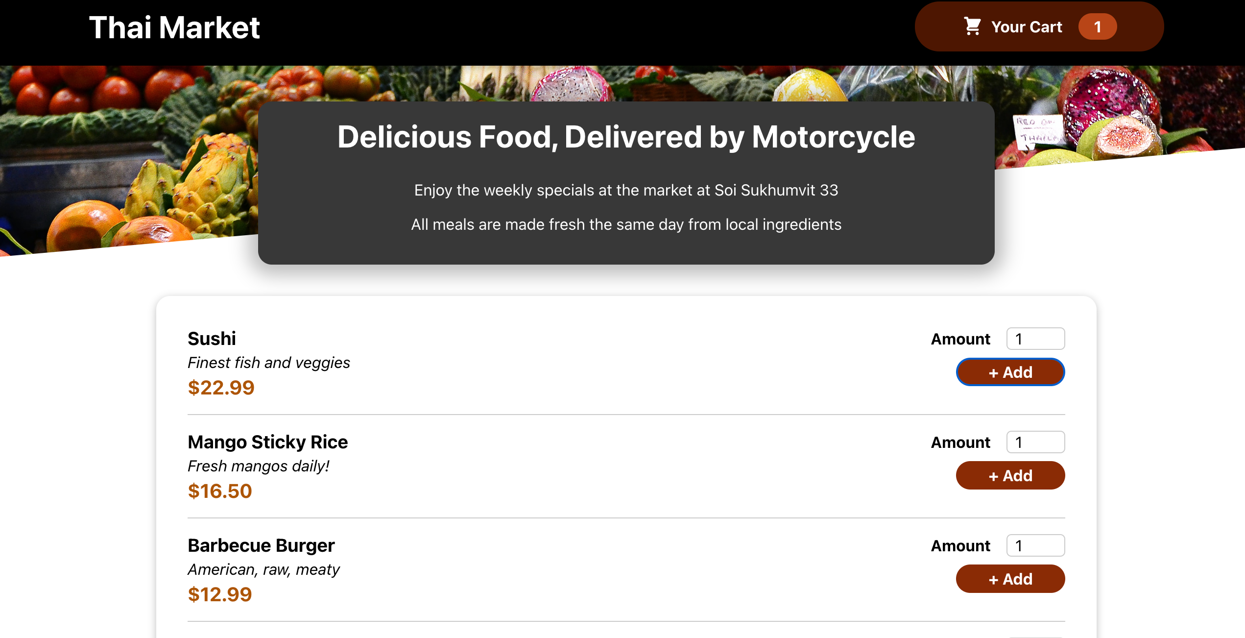 image of the homescreen of a food order web app