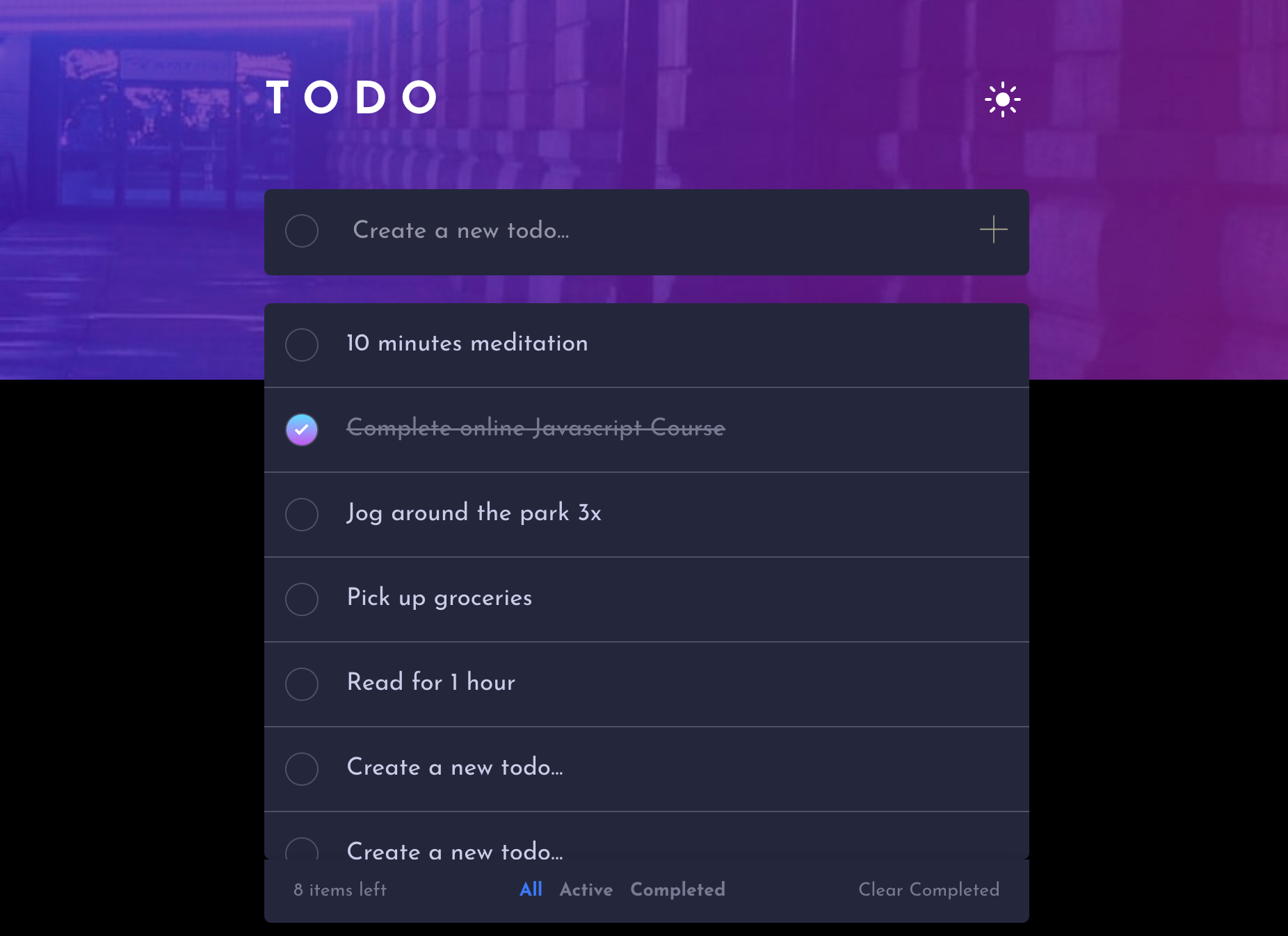 image of a todo app made with react, in dark mode